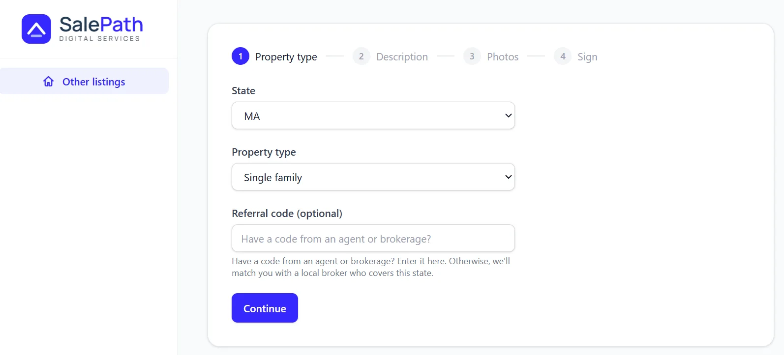 Step 1 of the listing flow: choosing a state and property type