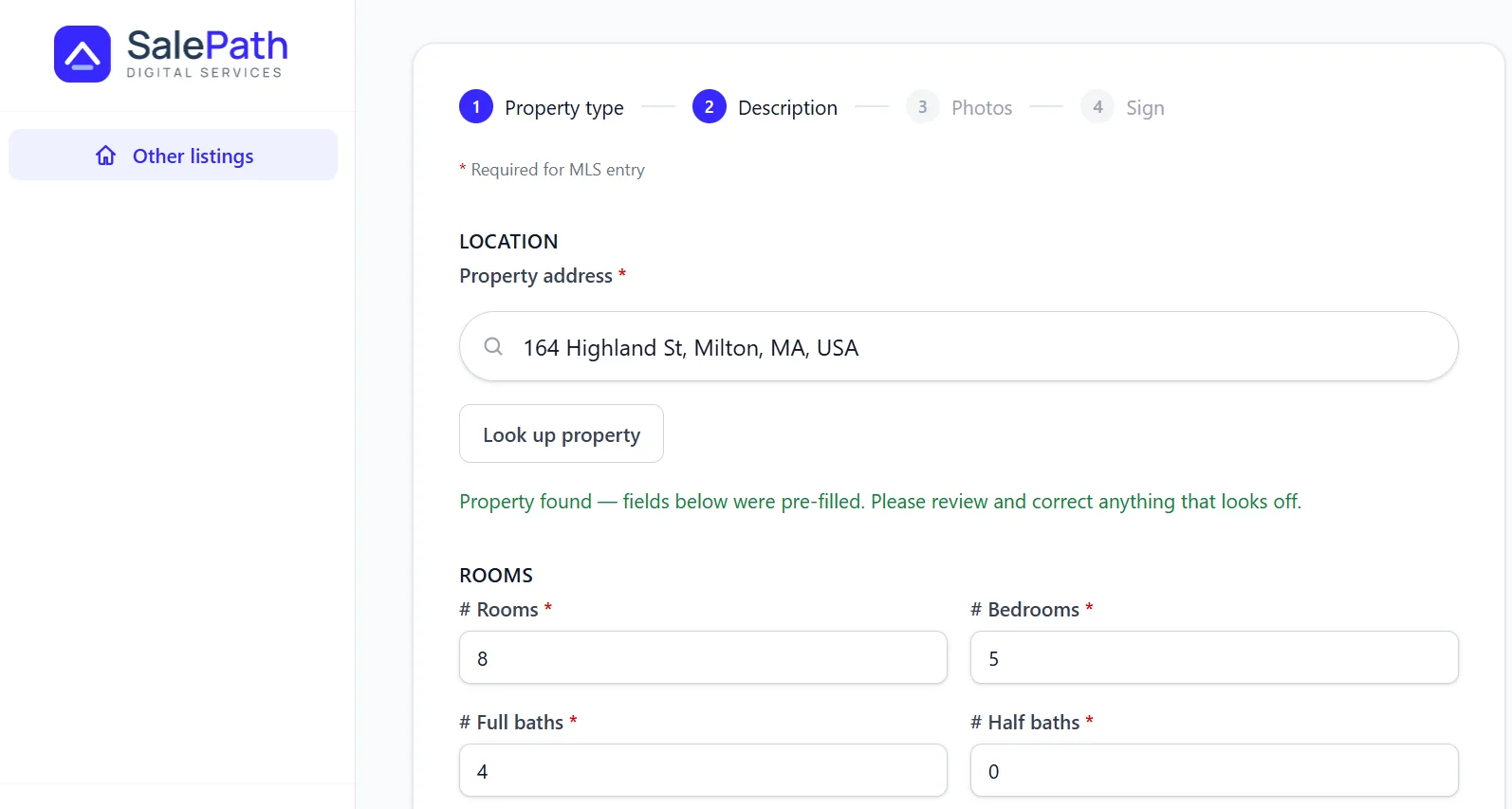 Address search with a Property found message and pre-filled room counts