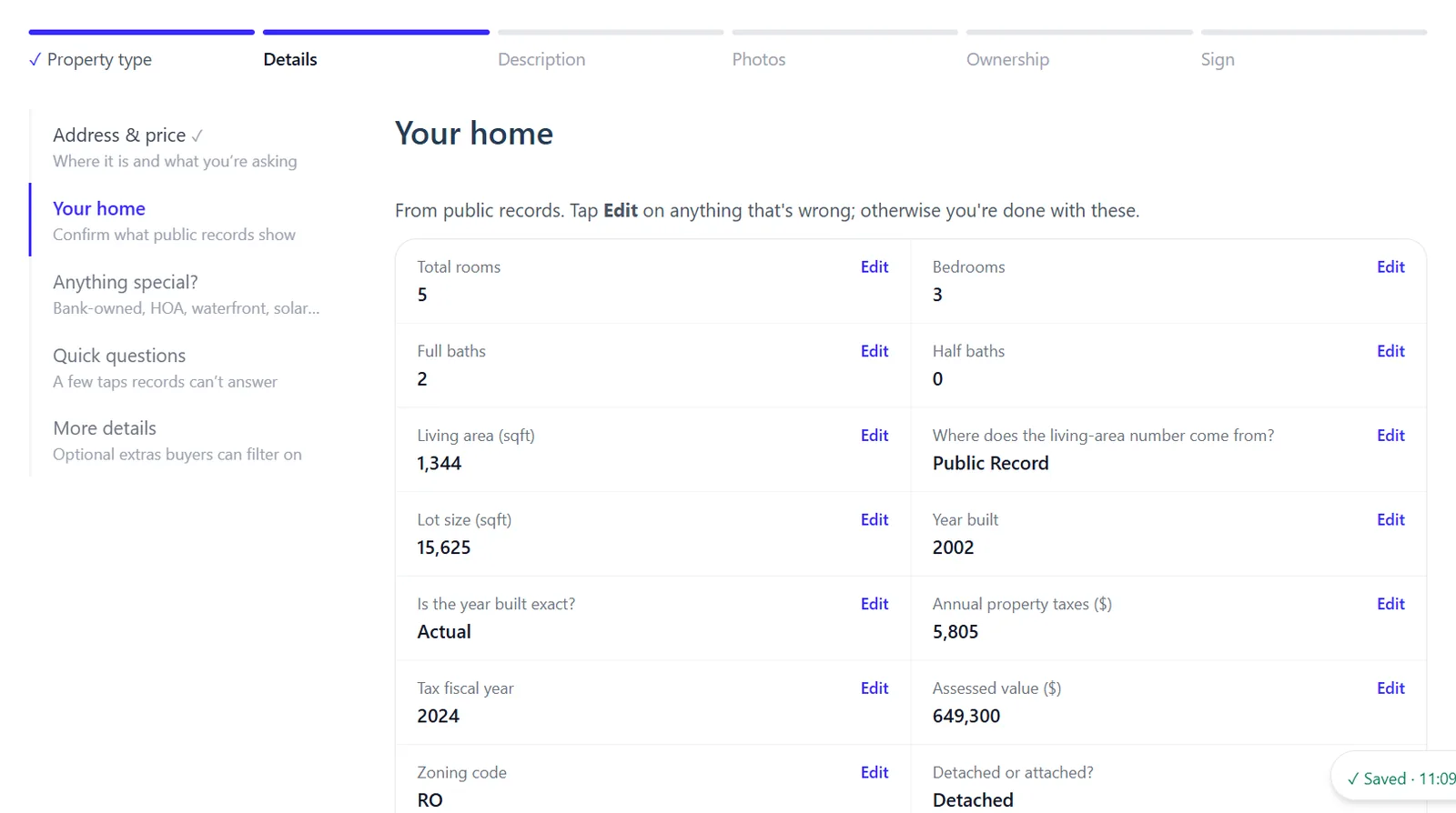 Your home step showing room counts, living area, lot size, year built and taxes pre-filled from public records, each with an Edit link