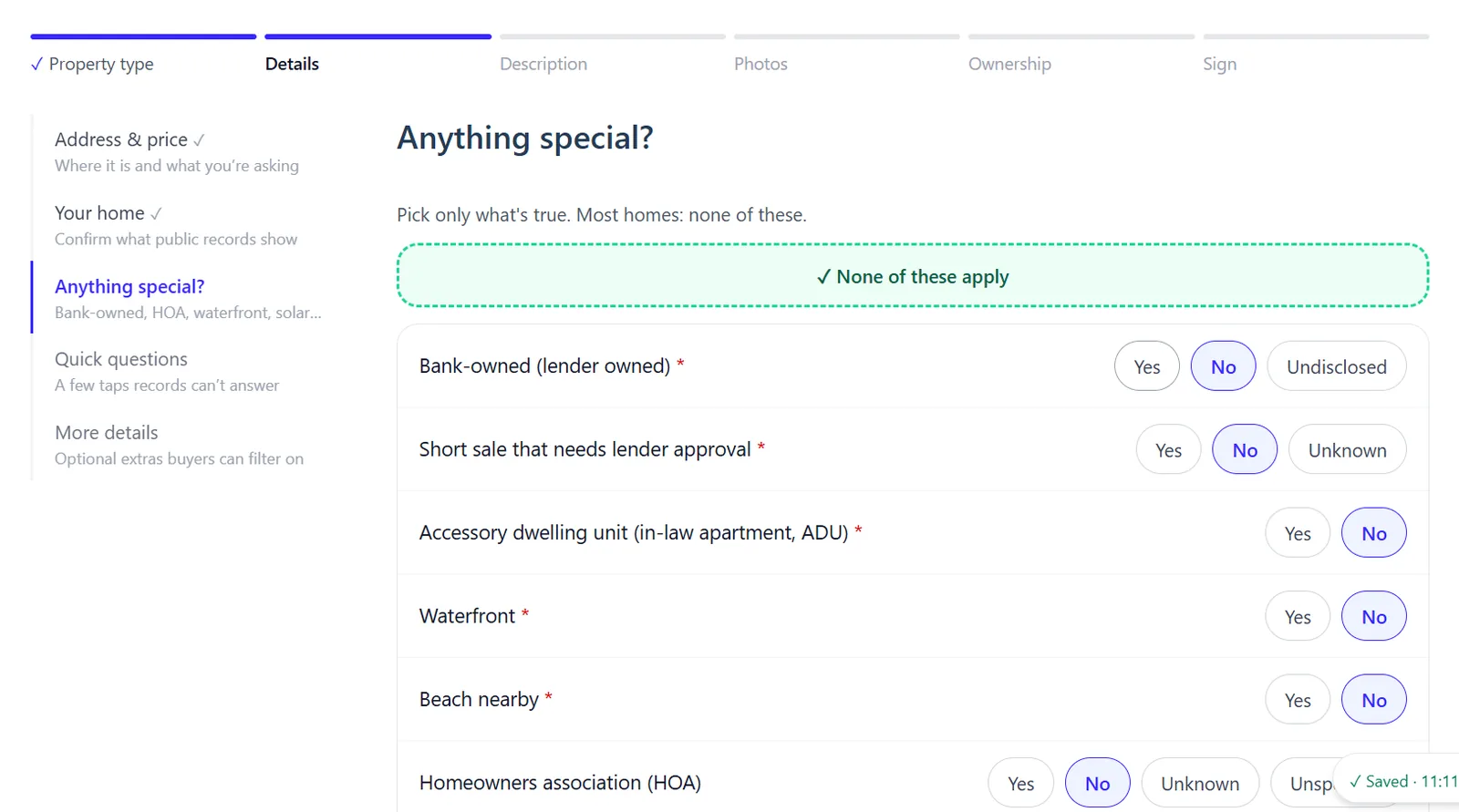 Anything special step with a None of these apply button and yes/no choices for bank-owned, short sale, ADU, waterfront and HOA