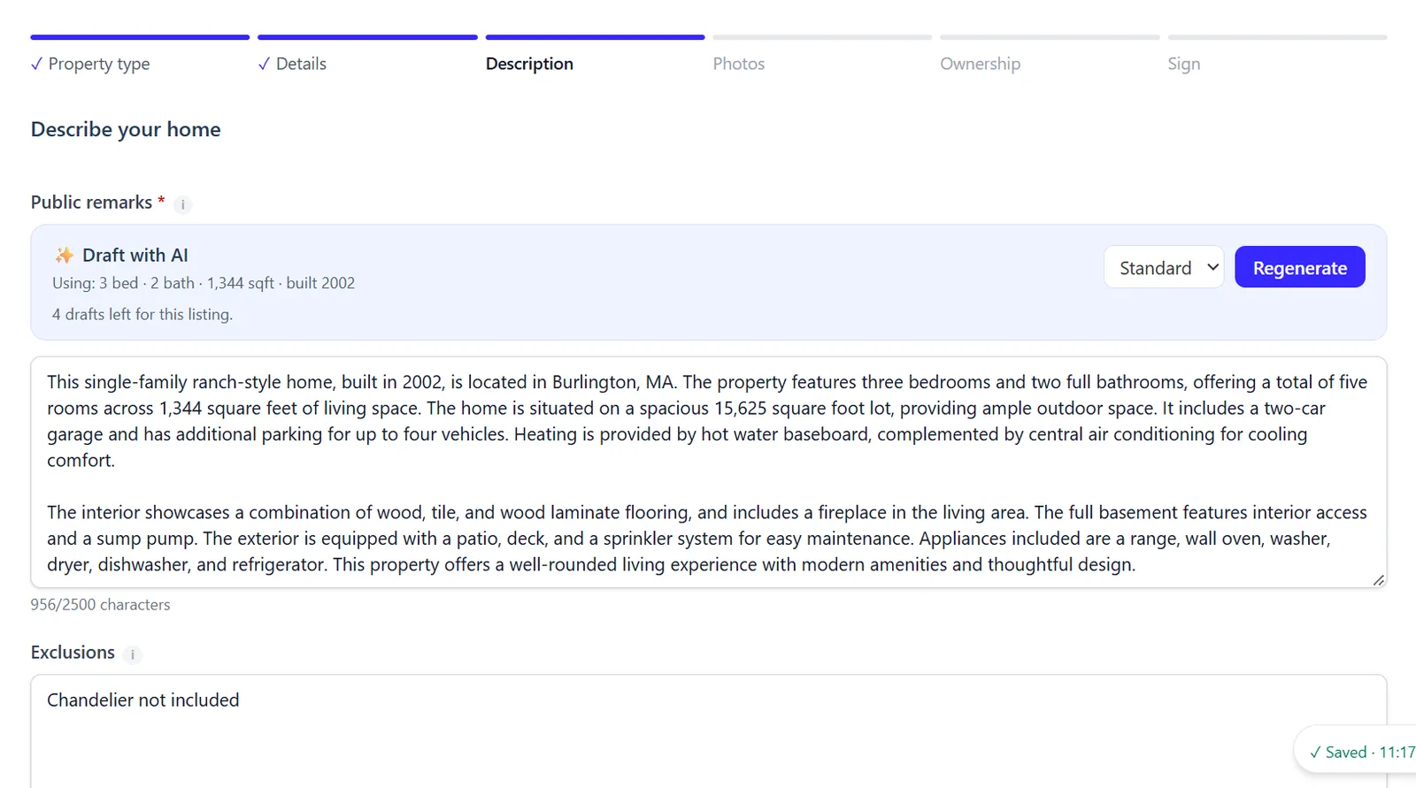 Describe your home step with an AI-drafted public remarks description and a Regenerate button