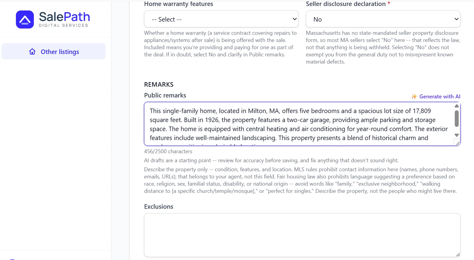 Public remarks field with a Generate with AI button and a drafted description