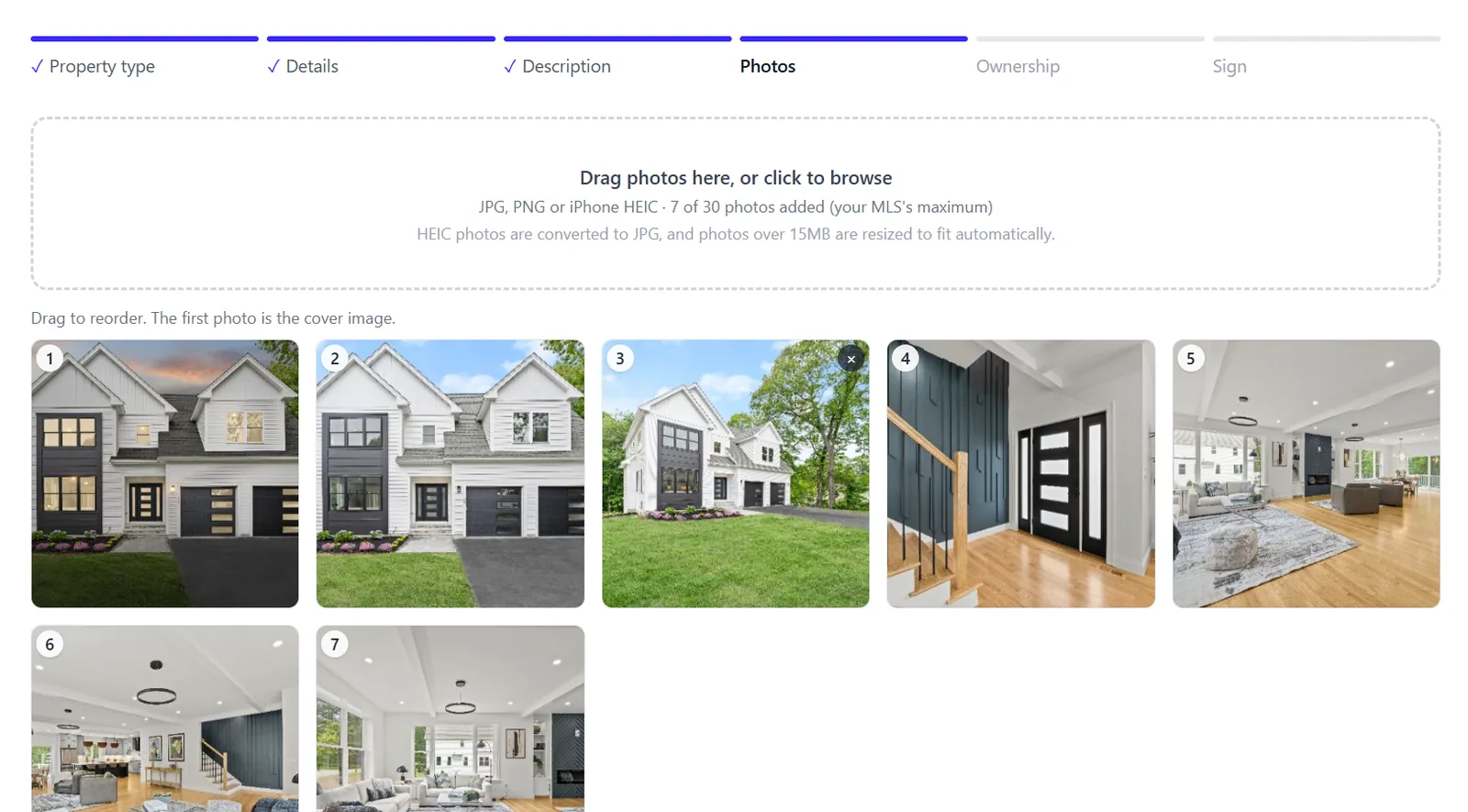 Photos step with a grid of uploaded listing photos that can be dragged to reorder, numbered with the first as the cover