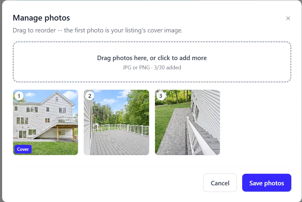 Manage photos dialog with three photos that can be dragged to reorder and a Cover badge on the first
