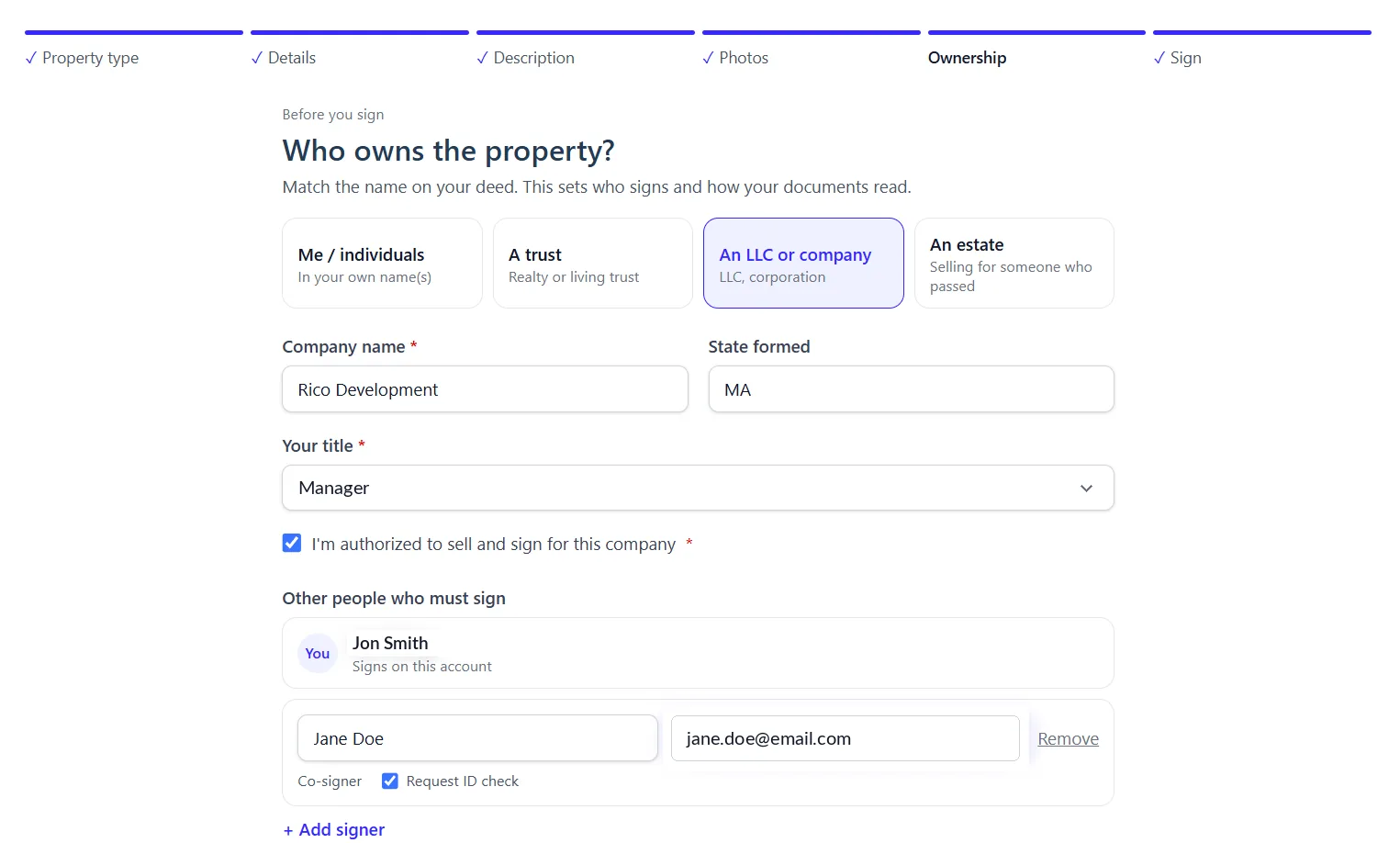 Who owns the property step with options for individuals, a trust, an LLC or company, or an estate, a title dropdown, and a co-signer invited by email
