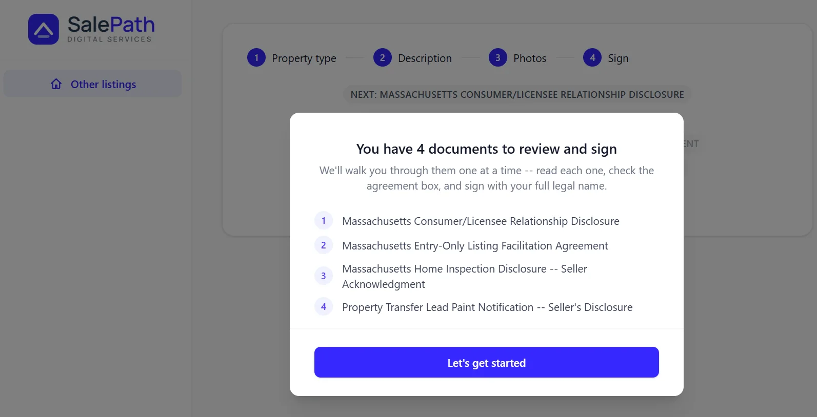 A list of four documents to review and sign