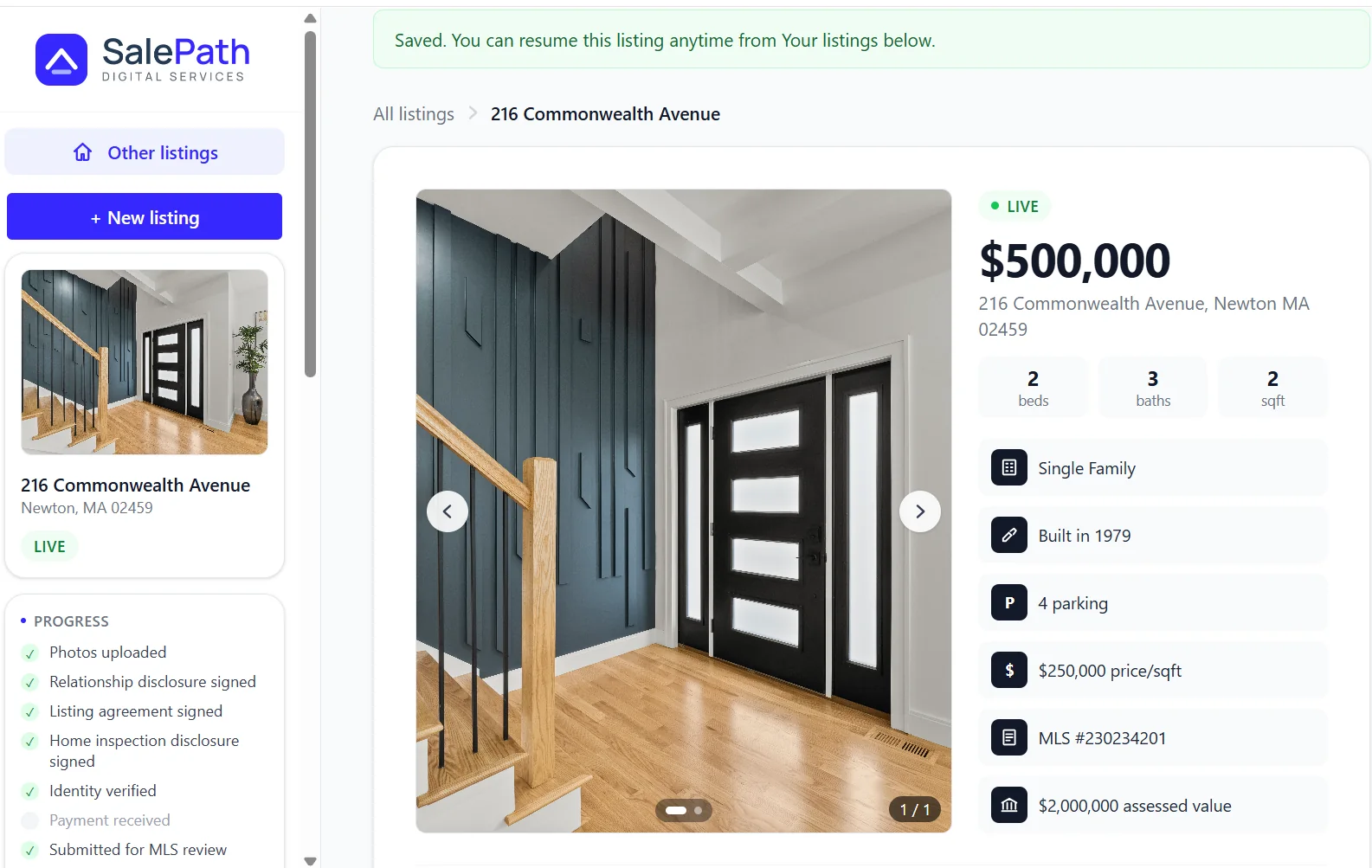 Client dashboard for a live listing with photo, price, and a progress checklist