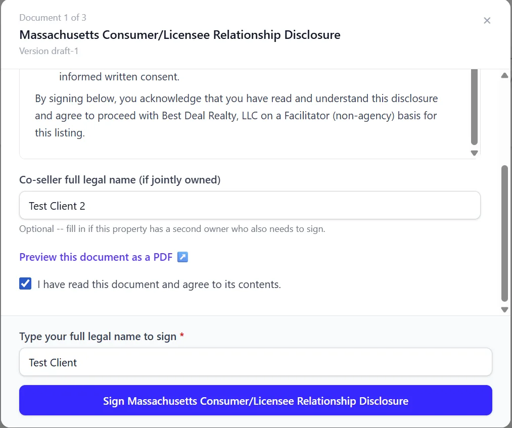 A disclosure document with a co-seller name field, a read-and-agree checkbox, and a Sign button