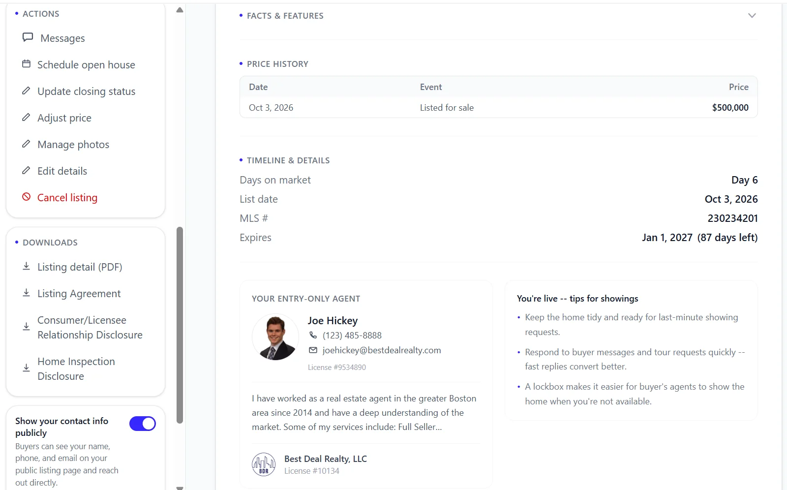 Dashboard actions, downloads, and the assigned agent card