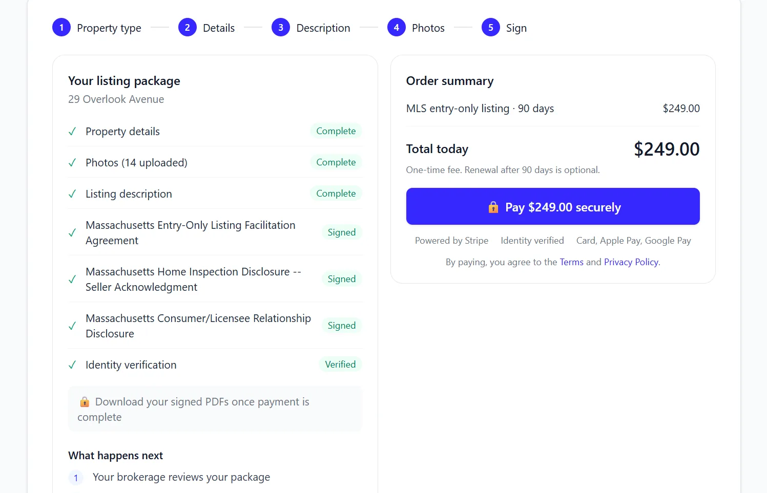 Checkout step showing a completed listing package checklist and an order summary with a Pay securely button