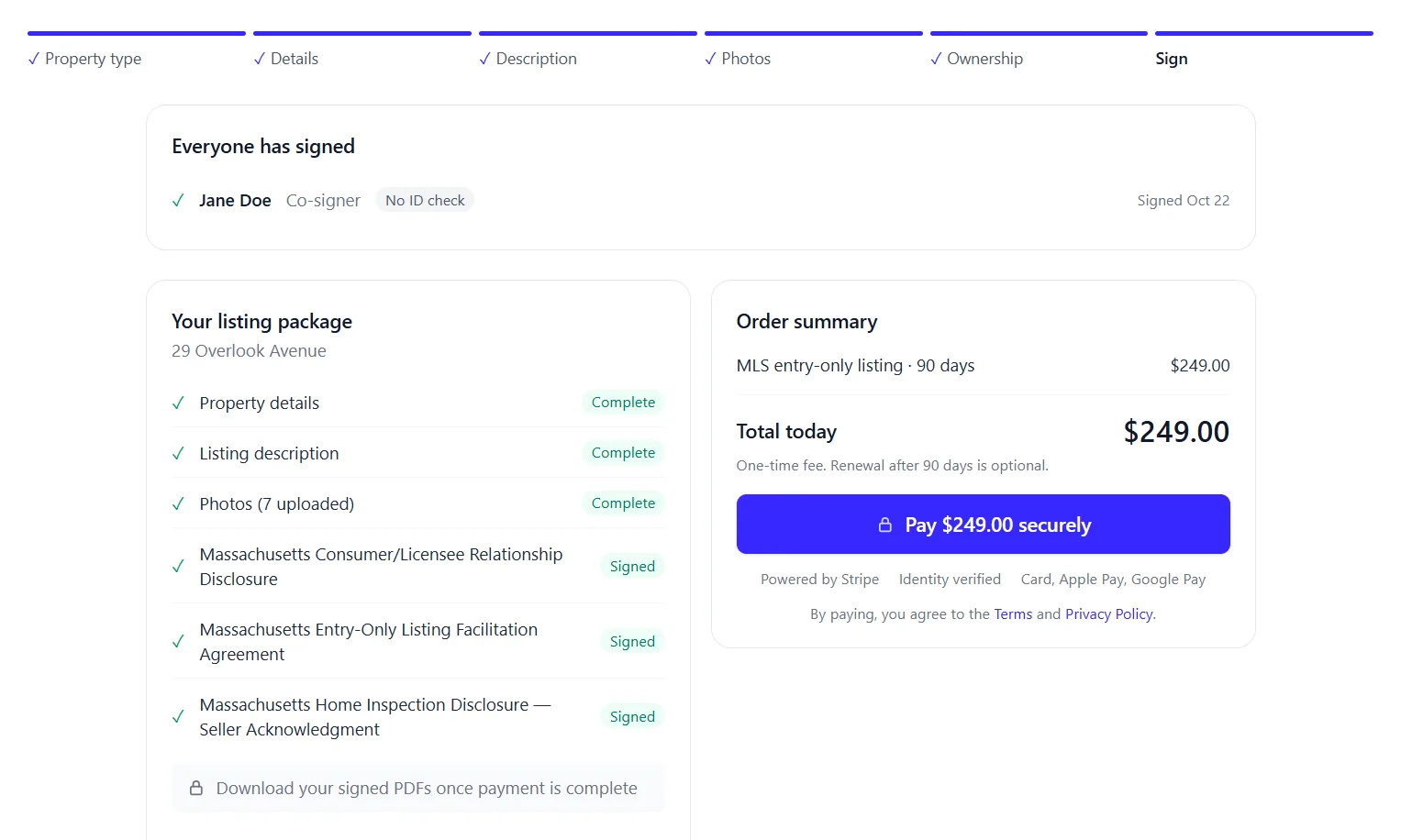 Checkout step showing that every co-owner has signed, a completed listing package checklist, and an order summary with a Pay securely button
