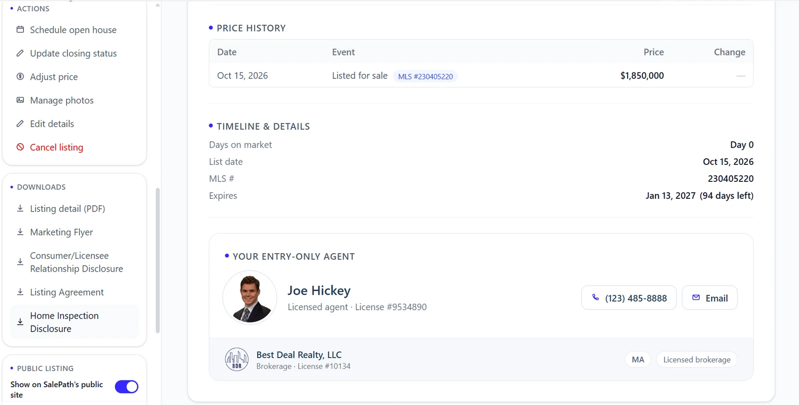 Dashboard actions, downloads, and the assigned agent card with brokerage and license details