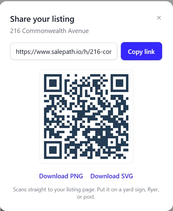 Share your listing dialog with a link, a QR code, and download buttons