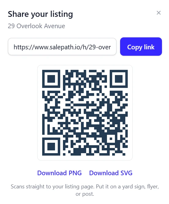Share your listing dialog with a link, a QR code, and download buttons