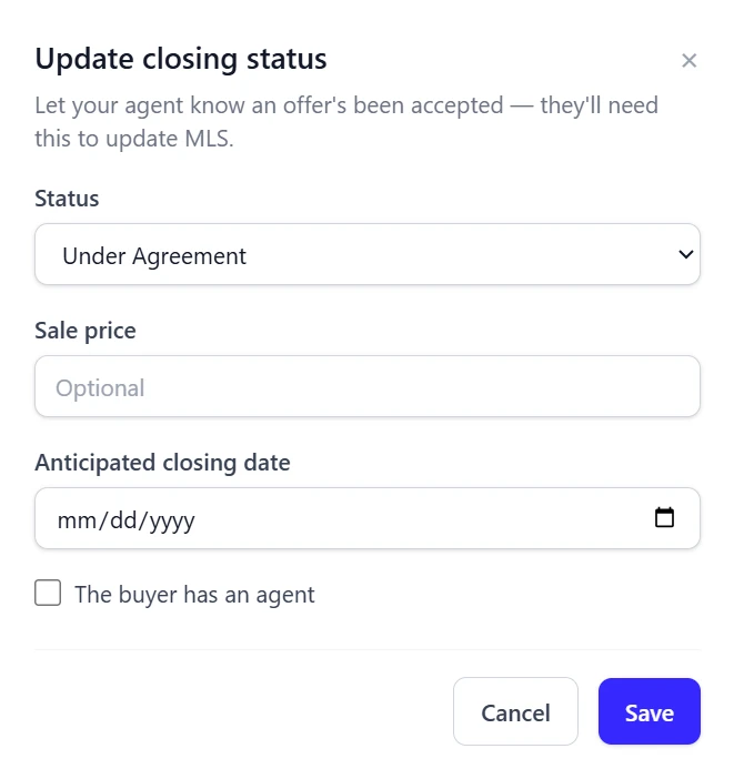 Update closing status dialog with status, sale price, closing date, and buyer agent fields