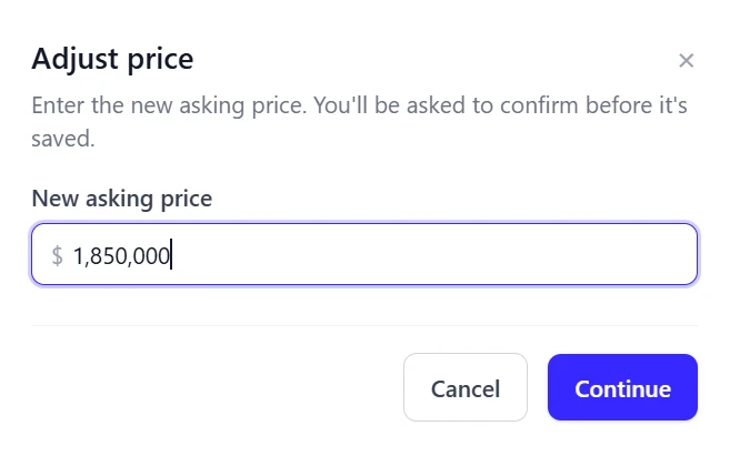 Adjust price dialog with a new asking price field and a Continue button